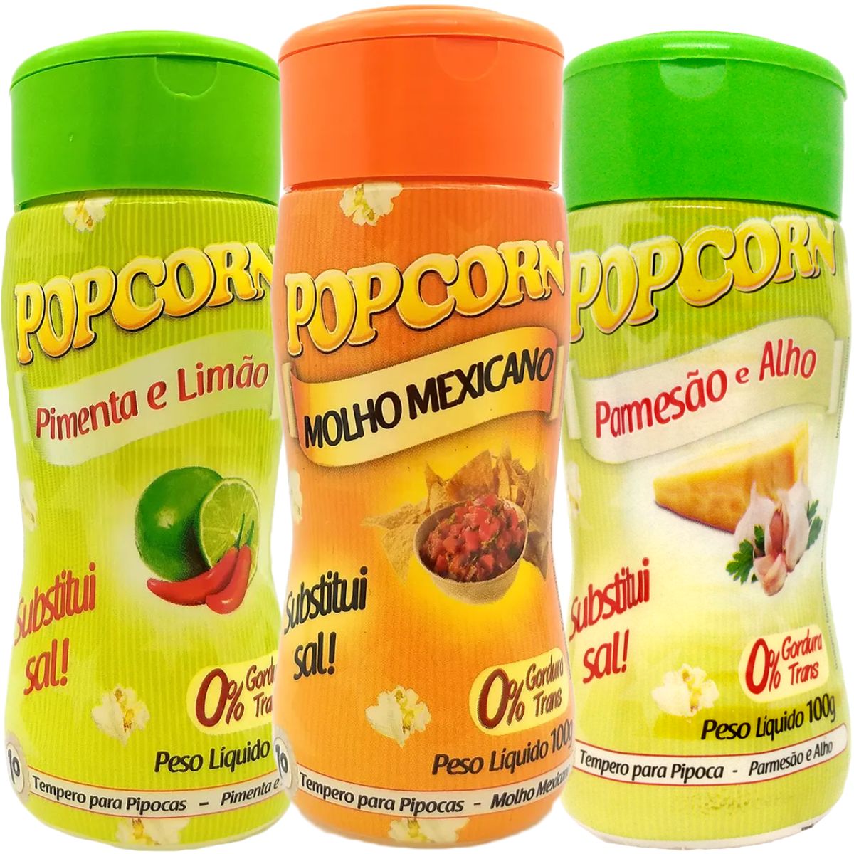 Combo 3 Temperos Para Pipoca Popcorn Sabores - Parmesão e Alho, Molho Mexicano e Pimenta e Limão