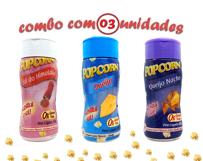 Combo Tempero Para Pipoca Popcorn 3 Sabores - Queijo, Queijo Nacho e Sal do Himalaia