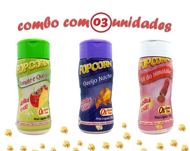 Combo Popcorn - 03 Sabores - Tomate e Queijo, Queijo Nacho e Sal do Himalaia