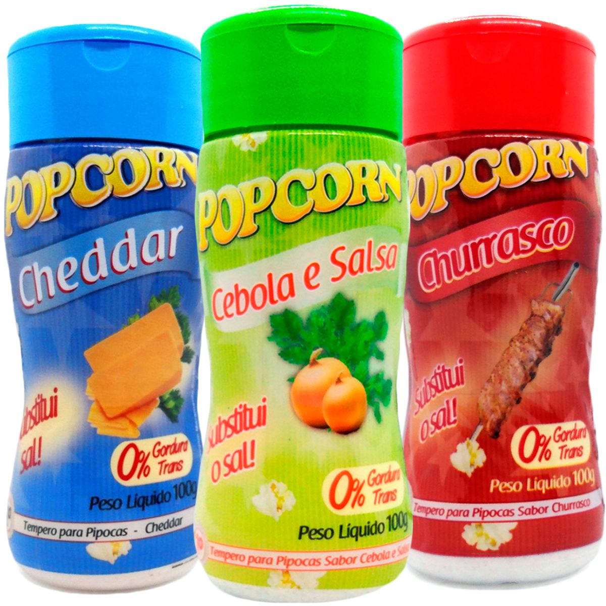Combo Tempero Para Pipoca Popcorn 3 Sabores - Cheddar, Churrasco e Cebola e Salsa