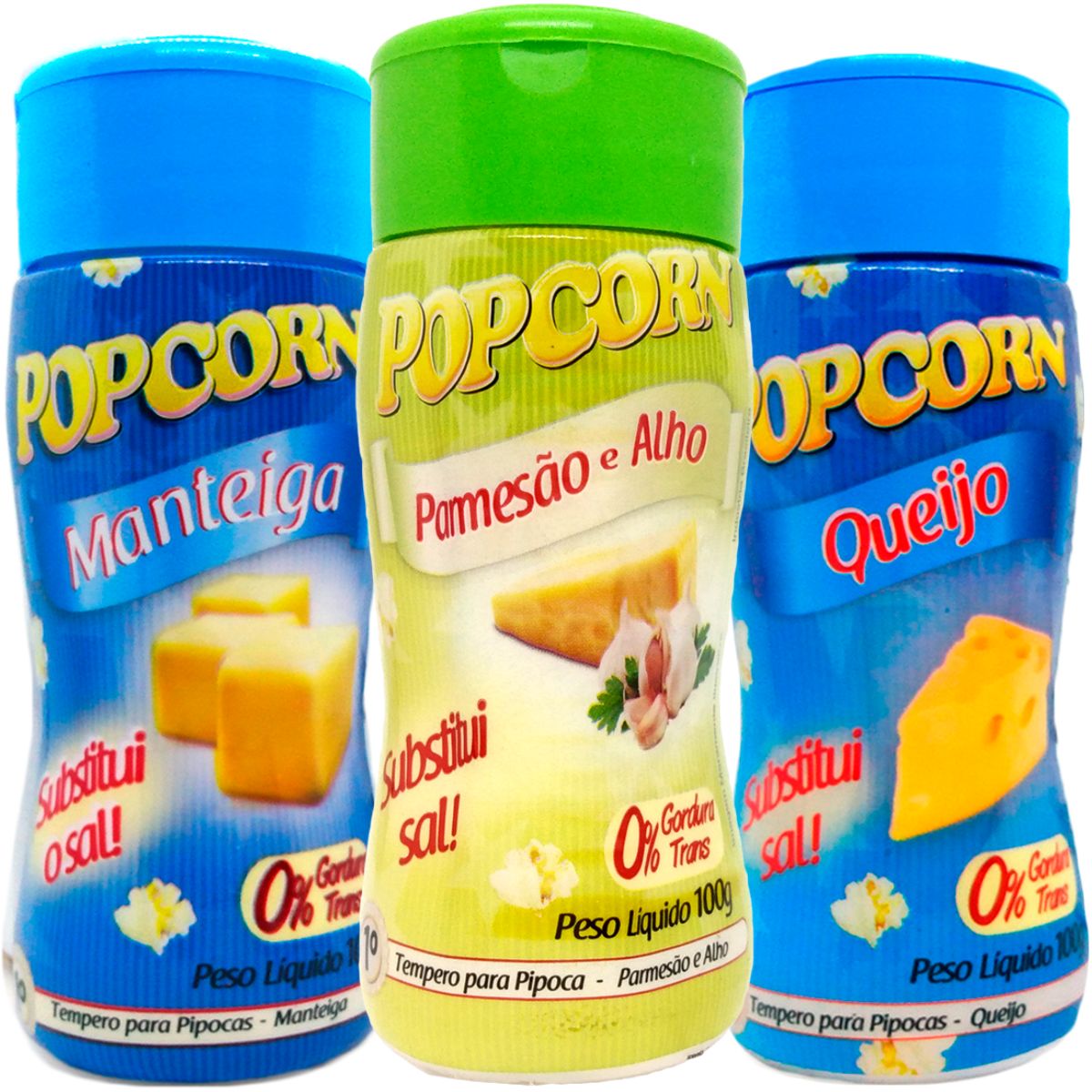 Combo Tempero Para Pipoca Popcorn 3 Sabores - Manteiga, Queijo e Parmesão e Alho