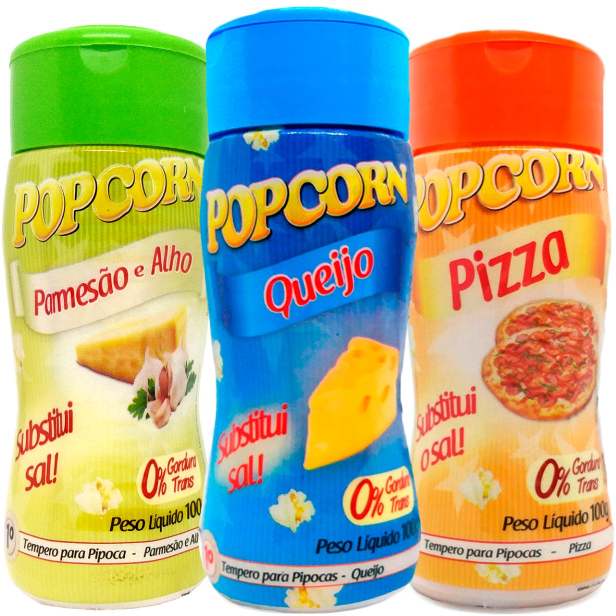 Combo Tempero Para Pipoca Popcorn 3 Sabores - Pizza, Queijo e Parmesão e Alho