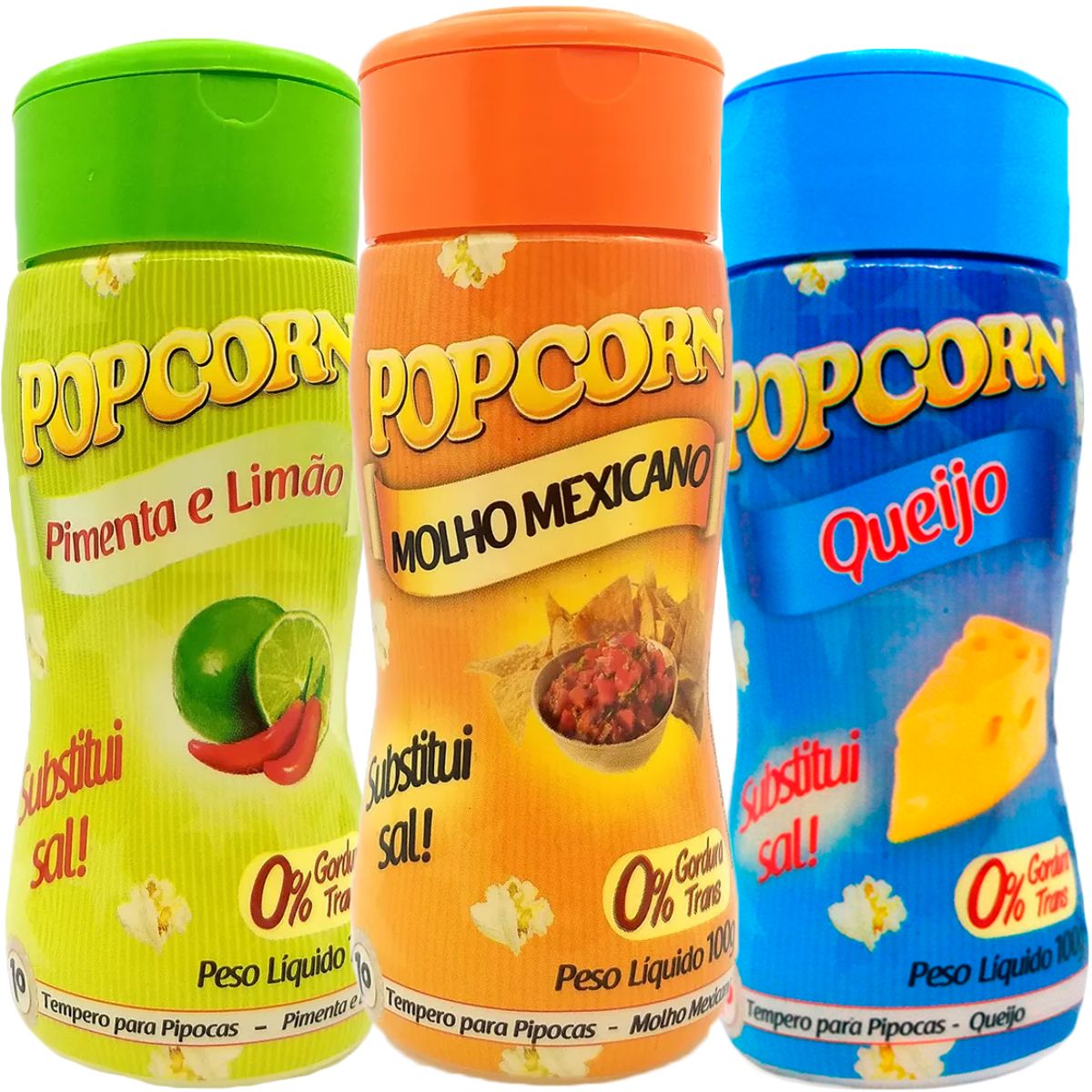 Combo Tempero Para Pipoca Popcorn 3 Sabores - Queijo, Molho Mexicano e Pimenta e Limão