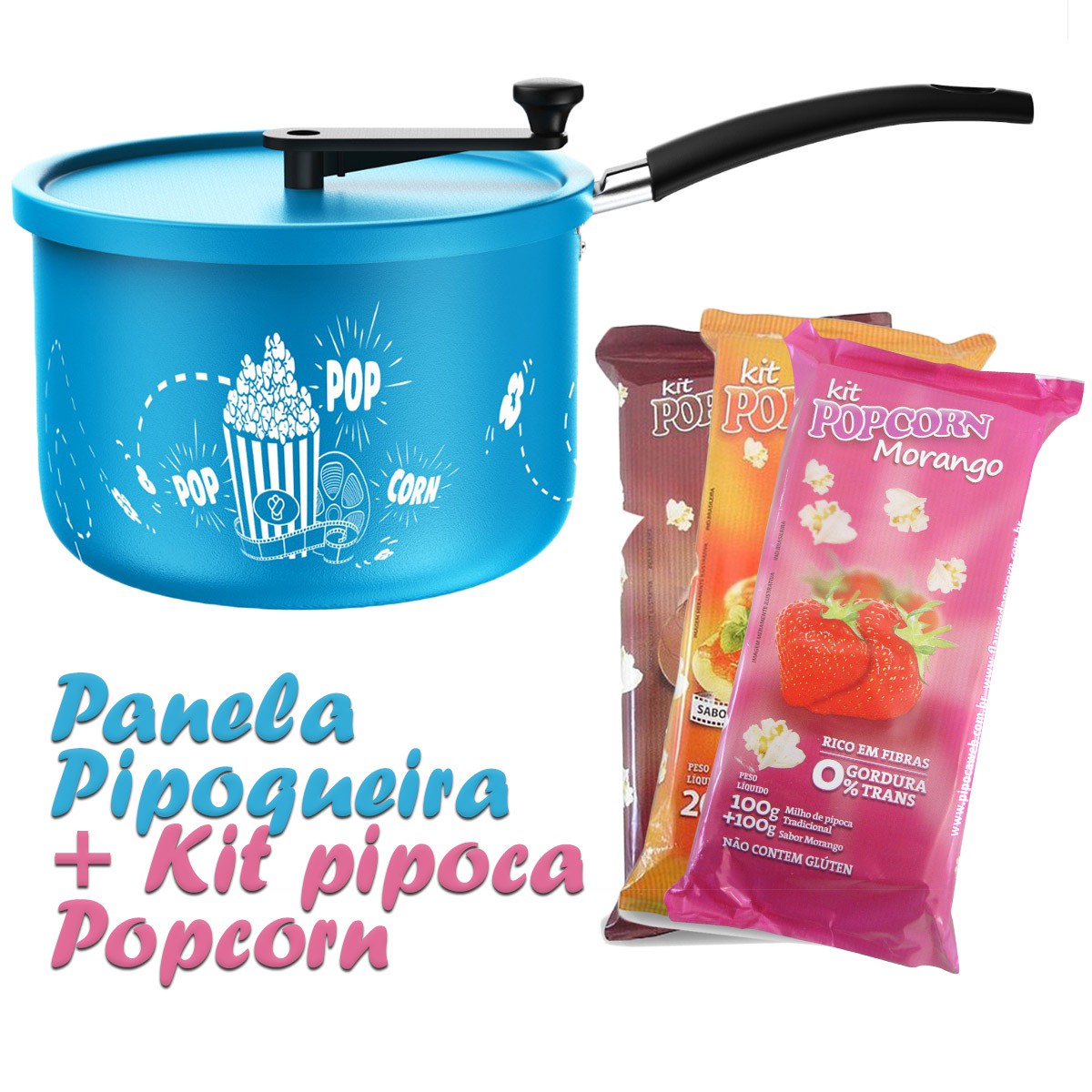 Pipoqueira Antiaderente com Haste de Nylon + Kit Popcorn Pipoca Salgada ou Doce