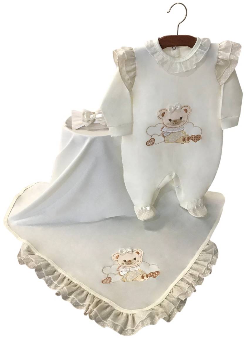 Saída Maternidade Off White Ursinha 03 Peças  - Toca do Bebê