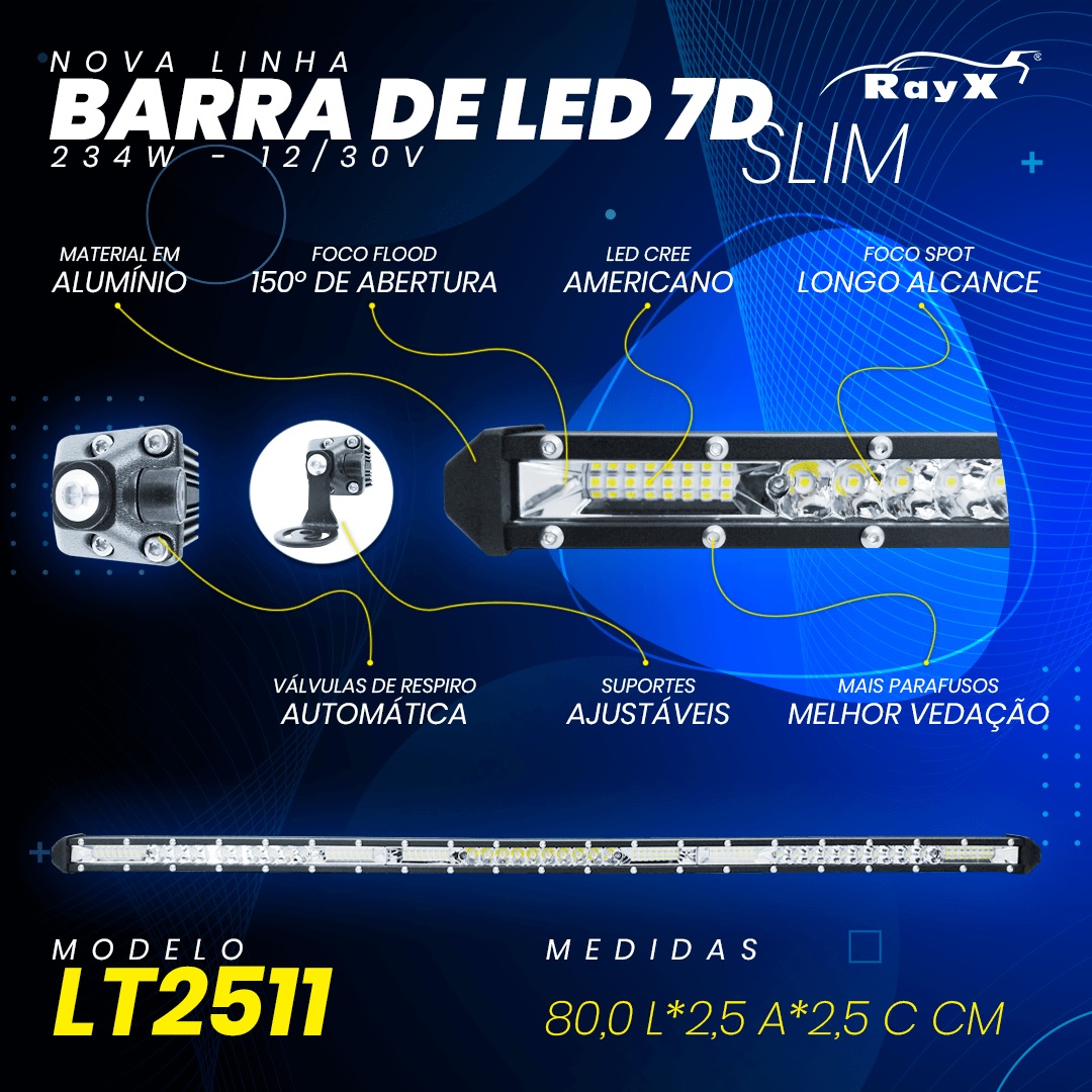 Farol Barra 78 LEDs 7D SLIM 234W Auxiliar Off Road