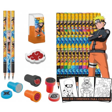 Kit Material Escolar Livro Para Colorir Naruto Lápis de Gráfite HB Lápis De Cor Apontador Borracha E Carimbo Tris