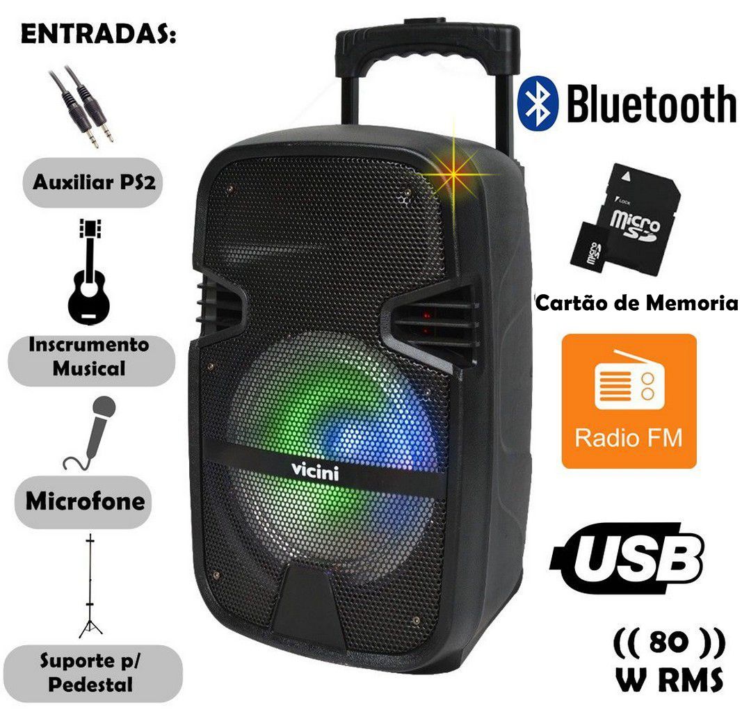 Caixa Acústica Amplificada Vicini 80w Rms Mp3 Sd Bluetooth VC-7080