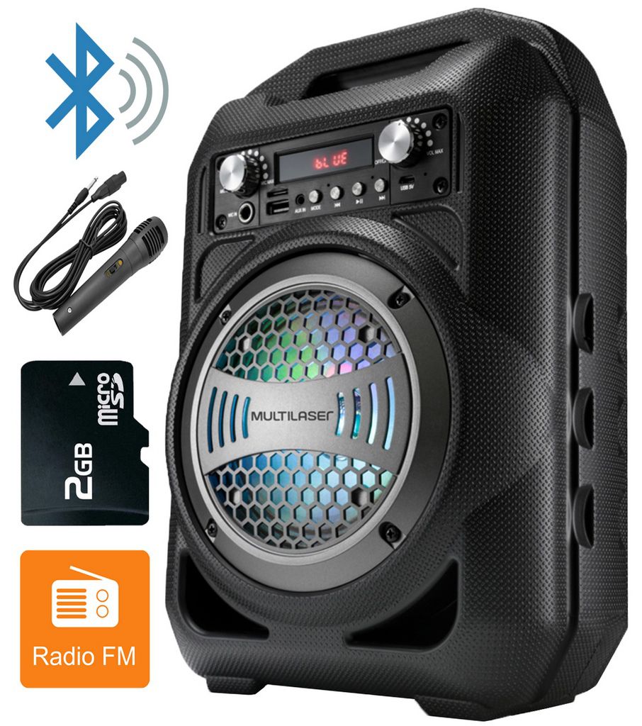 Caixa De Som Bluetooth Portátil Usb Cartão Sd Rádio Fm Com Microfone Karaokê Pequena Recarregável 50w Rms Aux 6 Em 1 Display Led Multilaser Original