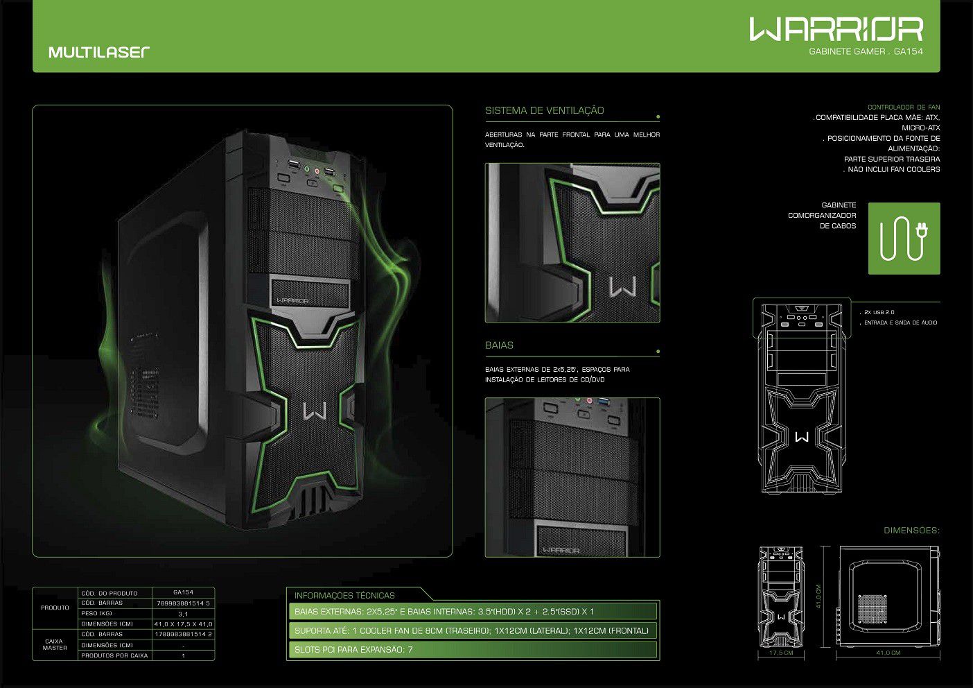Gabinete PC Gamer Warrior Preto e Verde Grande Multilaser Ga154 