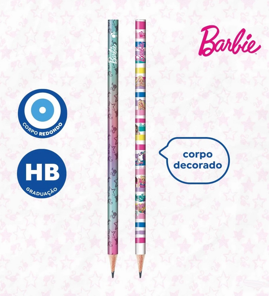 Kit Material Escolar Barbie Livrinho de Colorir Lápis Preto Hb Carimbo Apontador Com Depósito + Borracha Tris