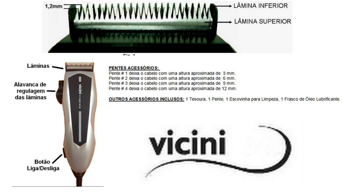 Maquina Cortar Cabelo Barba Profissional Acessórios 9 Peças Vicini - CPV-625