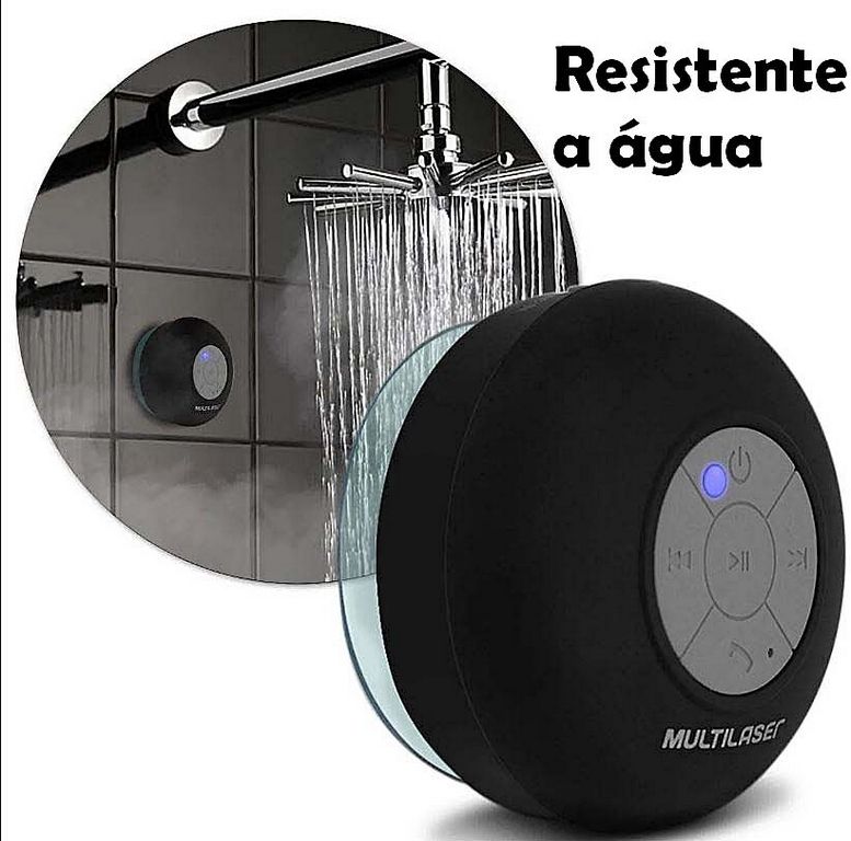 Mini Caixa De Som Bluetooth Portátil Resistente A Água Bateria Recarregável Ventosa 8W RMS Preta Pequena Multilaser Shower Original