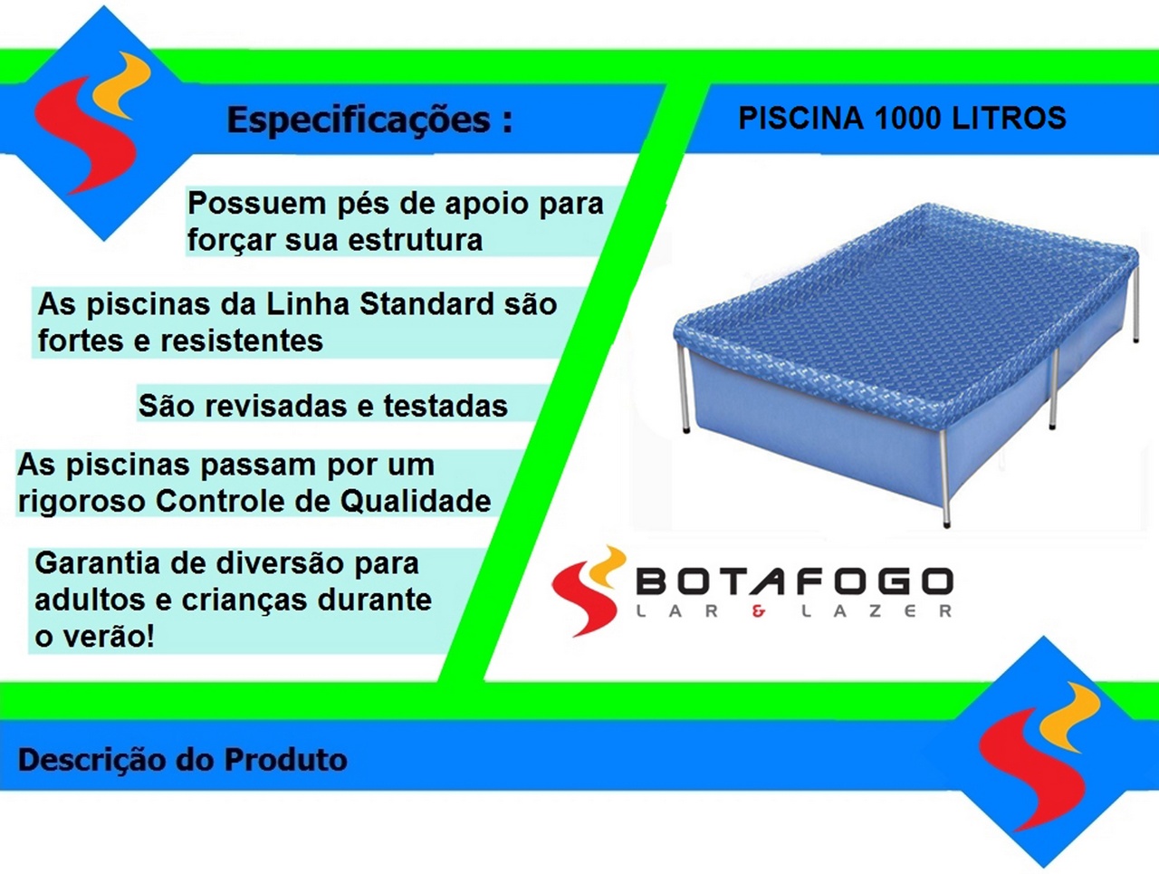 Piscina 1000 Litros Estruturada Infantil Retangular 1.89mx1.26m Estrutural Armação Montável Botafogo PIS0628