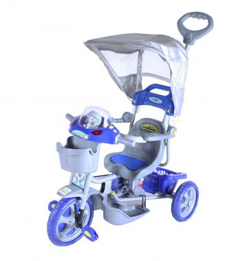Triciclo Infantil Azul Capota Removível Com Música E Luzes