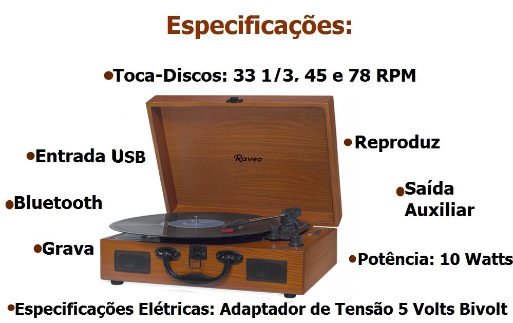 Vitrola Raveo Sonetto Wood  Madeira Com Toca-discos, Bluetooth E Usb Reproduz E Grava MP3