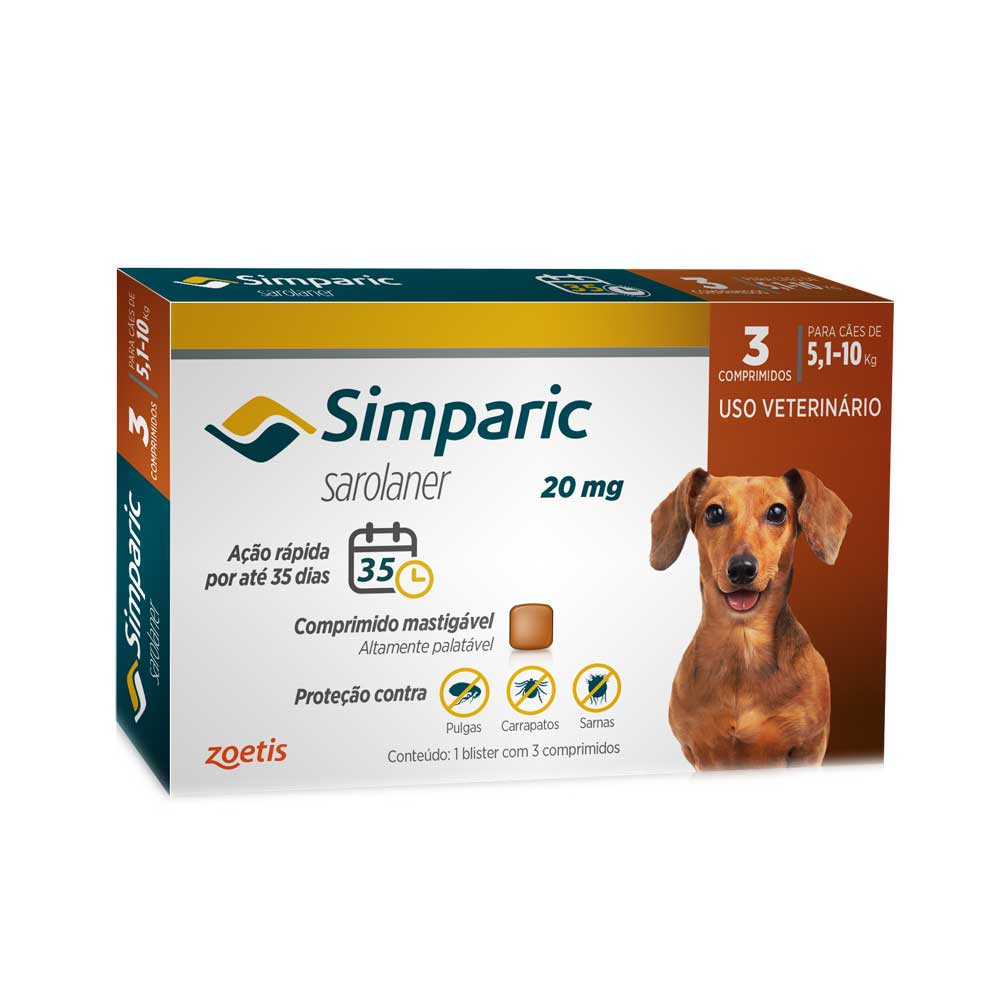 Antipulgas Zoetis Simparic 20 mg para Cães 5,1 a 10 Kg - 3 Comprimidos