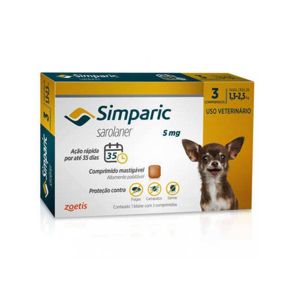 Antipulgas Zoetis Simparic 5 Mg para Cães 1,3 a 2,5 Kg - 3 Comprimidos