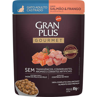 Ração Úmida GranPlus Gourmet Sachê Salmão e Frango Gatos Castrados 85g