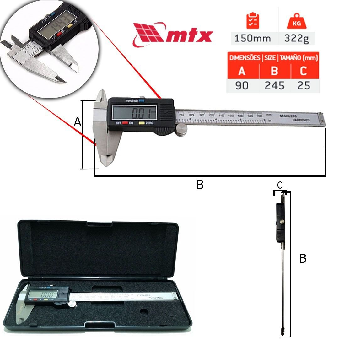 Paquímetro Digital Universal 150mm em Aço Inox - MTX-316119