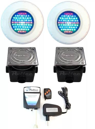 Kit Iluminação para Piscina 2 Led 65 ABS RGB Colorido + Comando  e Controle Remoto + Caixa de Passagem - Até 18 m²