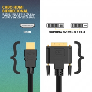Cabo HDMI Macho x DVI-D 24+1 Macho Bidirecional de 1,50 Metros