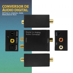 Conversor Áudio Digital Óptico Toslink e Coaxial p/ Analógico Rca e P2 Xtrad XT-5529 + Cabo DC 5V