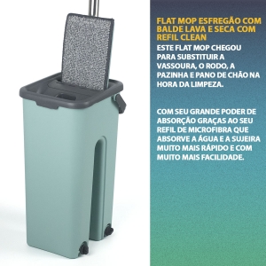 Flat Mop Esfregão Limpeza com 2 Refis Microfibra Lava e Seca Balde Haste 360° Recipiente Rodo Mágico Compacto Vassoura Limpeza 4 Litros com Alça