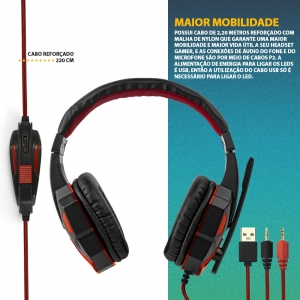 Headset Gamer Super Bass LED com Microfone Retrátil Cabo P2 + Adaptador p/ P3 Knup KP-397