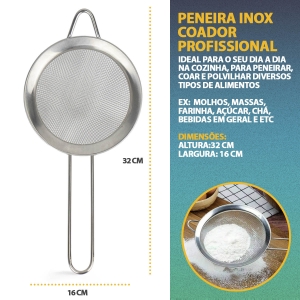 Kit 4x Peneira Inox 8/10/12/16cm para Cozinha Drinks Confeitaria Coador de Bebidas Polvilhar Coar e Peneirar Açúcar Farinha