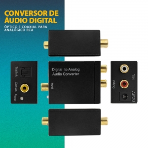 KIT Conversor Áudio Digital para RCA + Cabo Óptico Toslink 1 metro + Cabo Áudio Rca x P2