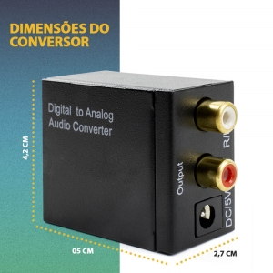 KIT Conversor Áudio Digital para RCA + Cabo Óptico Toslink 1,5 mts + Cabo Áudio Rca x Rca e Rca x P2