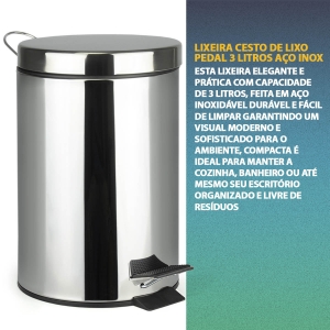 Kit Lixeira 3 Litros Inox + Escova Sanitária Inox para Limpeza Banheiro Cesto de Lixo Balde Removível Escovinha com Suporte