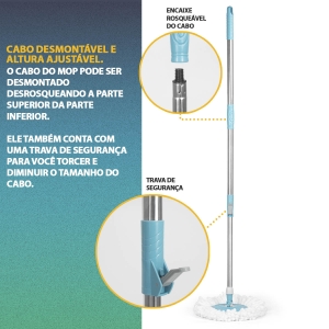 Kit Mop Giratório Esfregão com 3 Refis Microfibra 360° Spin Balde Limpeza Reservatório Fácil