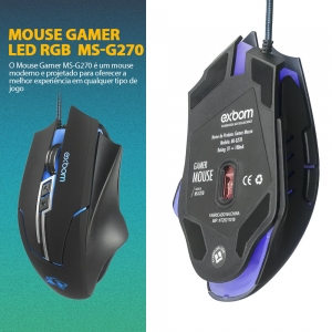 Mouse Gamer Ergonômico LED RGB 7 Cores Até 3200 DPI USB Exbom MS-G270