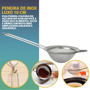 Peneira 10cm Inox para Cozinha - Malha Fina p/ Drinks Bebidas e Confeitaria Açúcar Polvilhar Coar