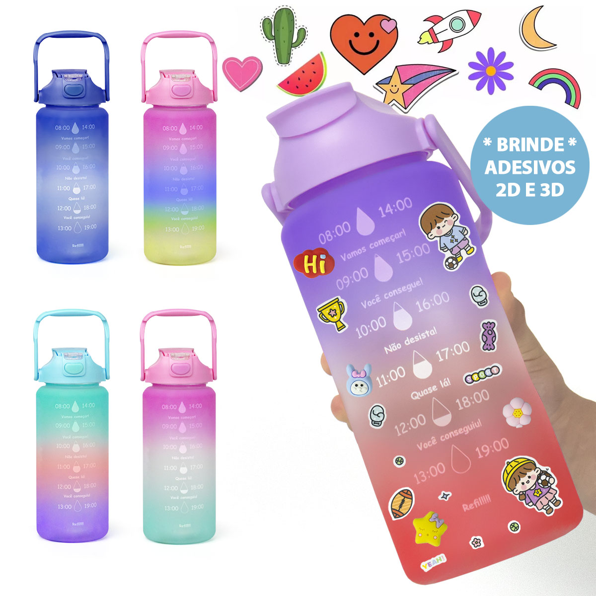 Garrafa de Água 2 Litros Degradê c/ Adesivos Fofo 3D e 2D Colorido Frases Motivacionais e Alça com suporte de Celular Squeeze