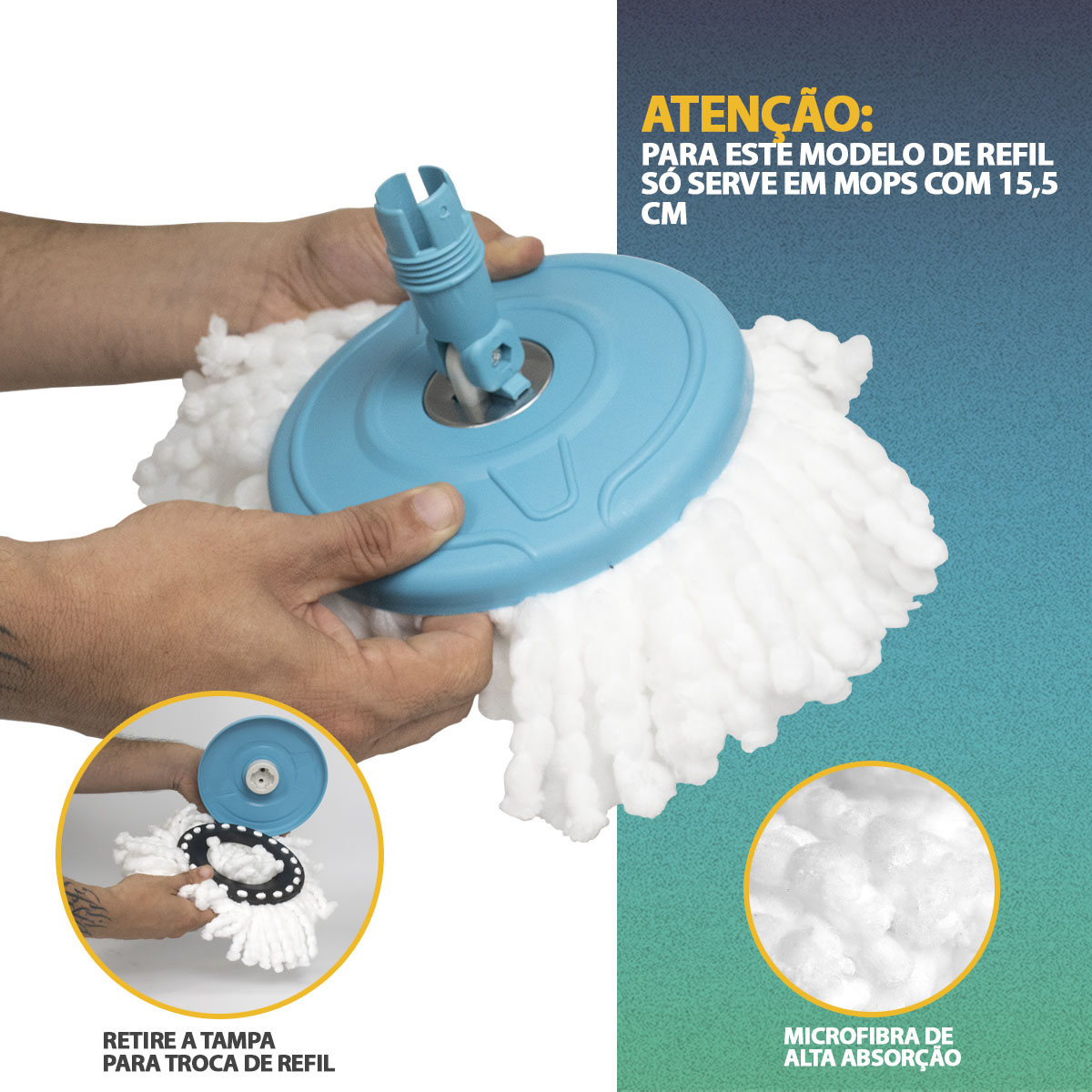 Kit 6x Refil p/ Mop Giratorio 15,5cm Microfibra 360 Spin Esfregão Lava e Seca Limpeza Balde Limpeza Chão Piso