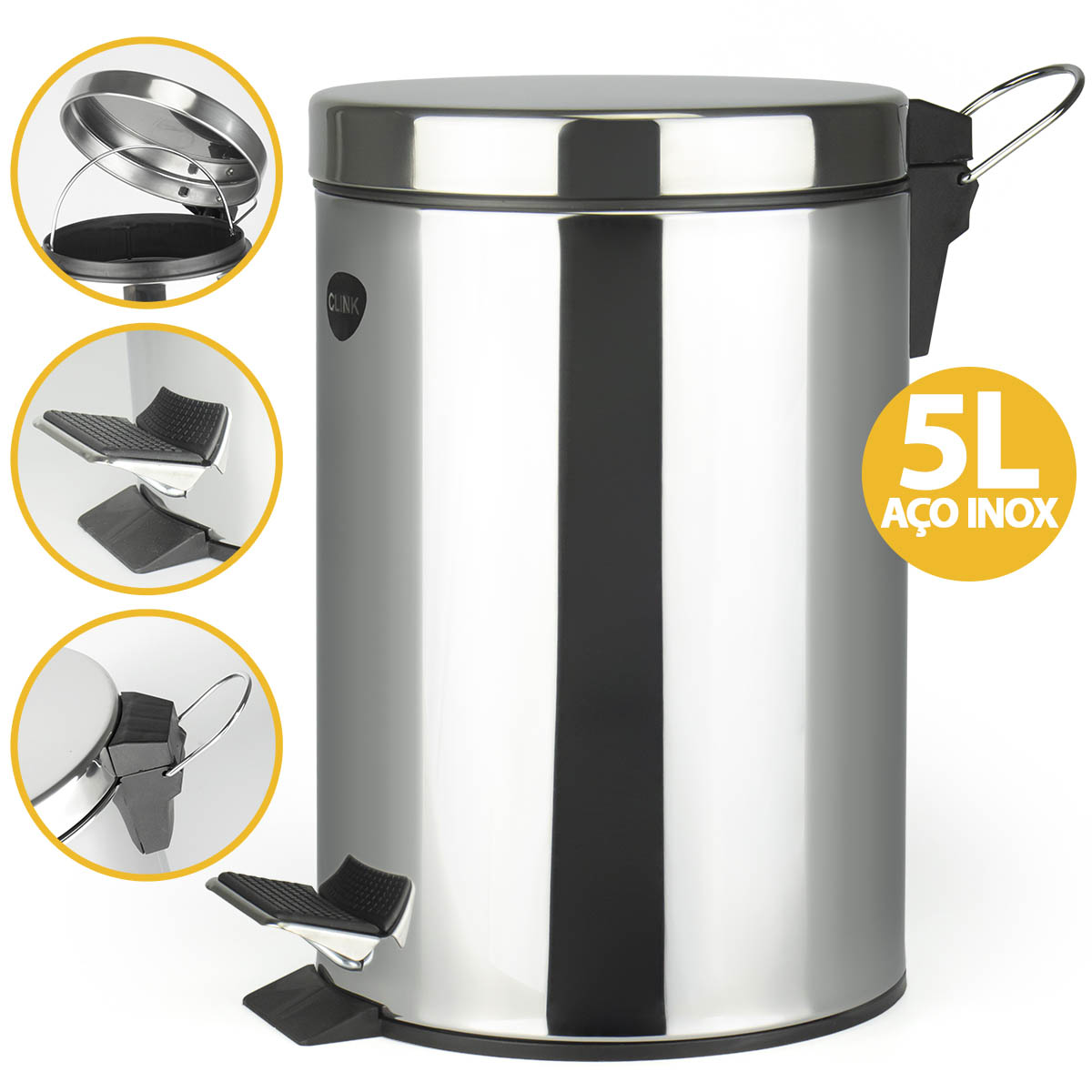 Lixeira Inox 5 Litros Balde Interno p/ Lixo Pedal Antiderrapante Cesto para Entulho Lavável Aço Inox Cozinha Banheiro
