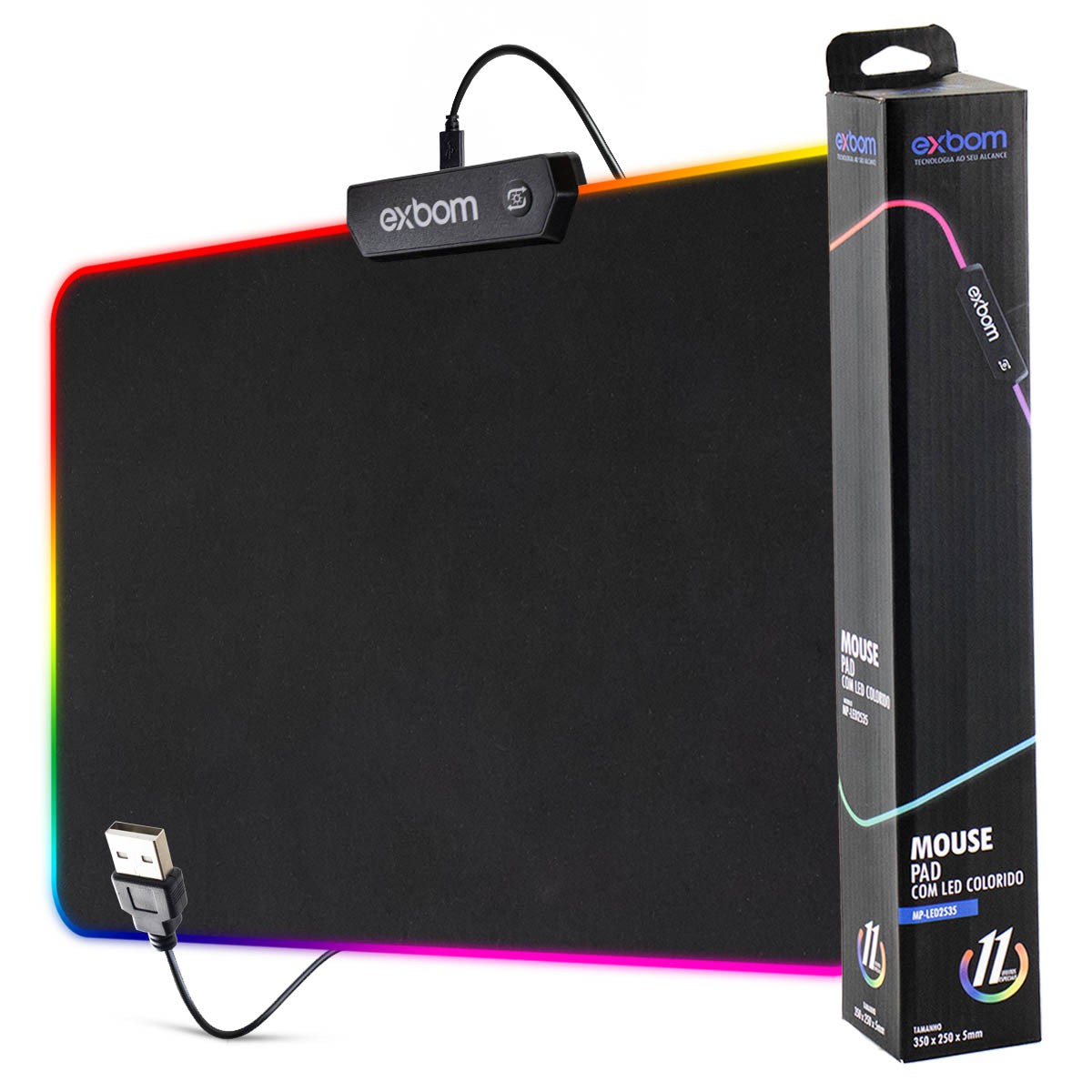 Mouse Pad Gamer com LEDs RGB 7 Cores Exbom MP-LED2535 250x350x4mm