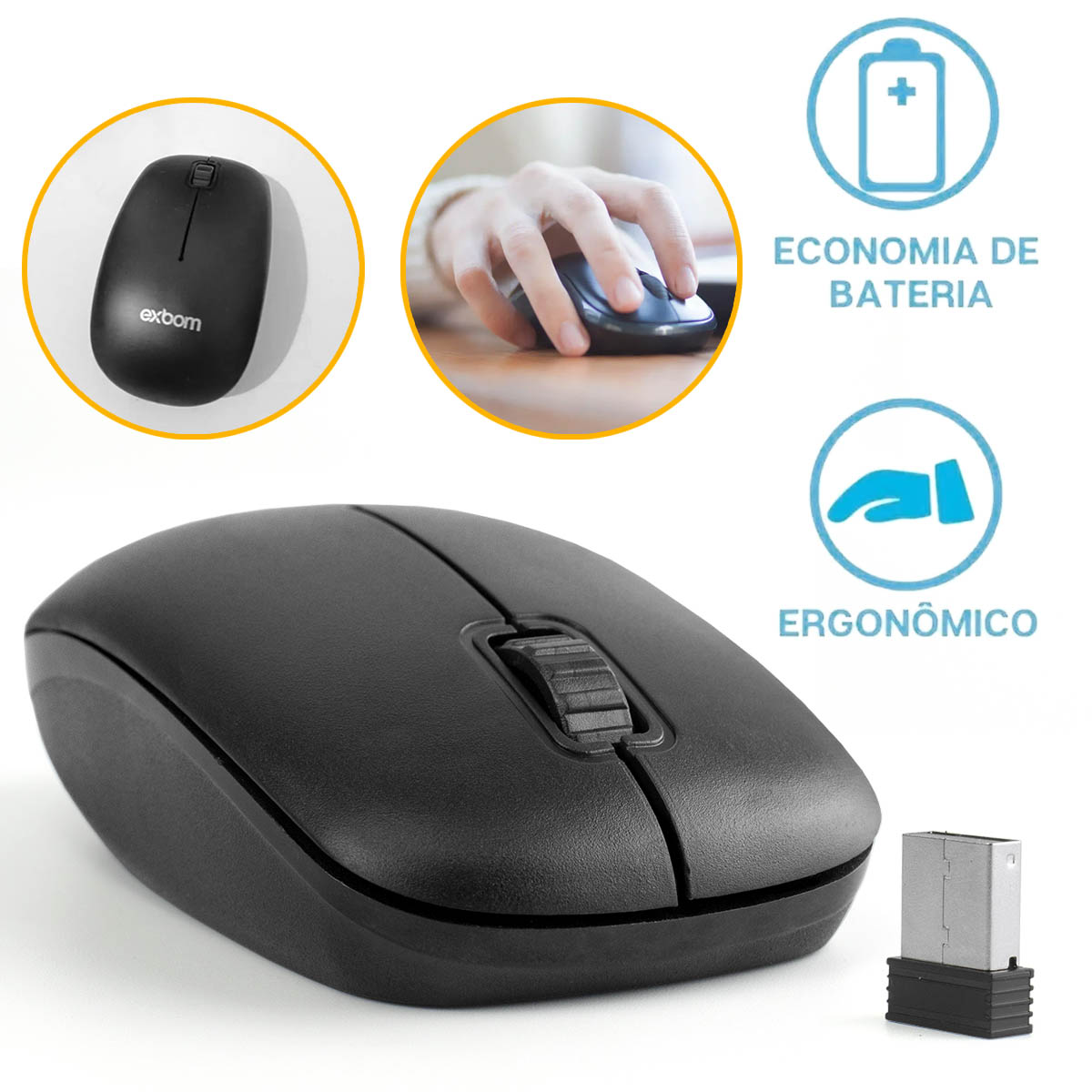 Mouse Sem Fio c/ Nano Receptor USB Wireless Sensor Óptico Exbom MS-S22