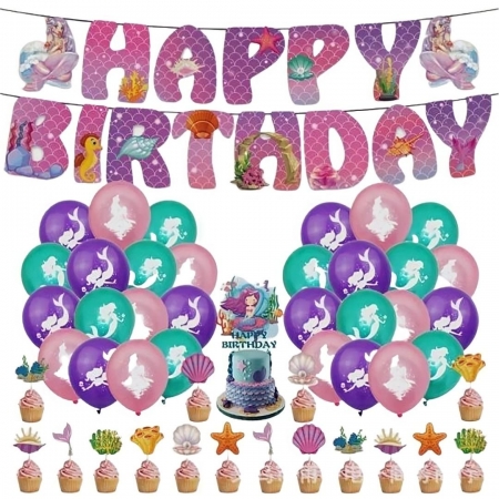 Kit Decoração de Festa Sereia Balões + Topo Bolo Doces + Faixa p/ Aniversário