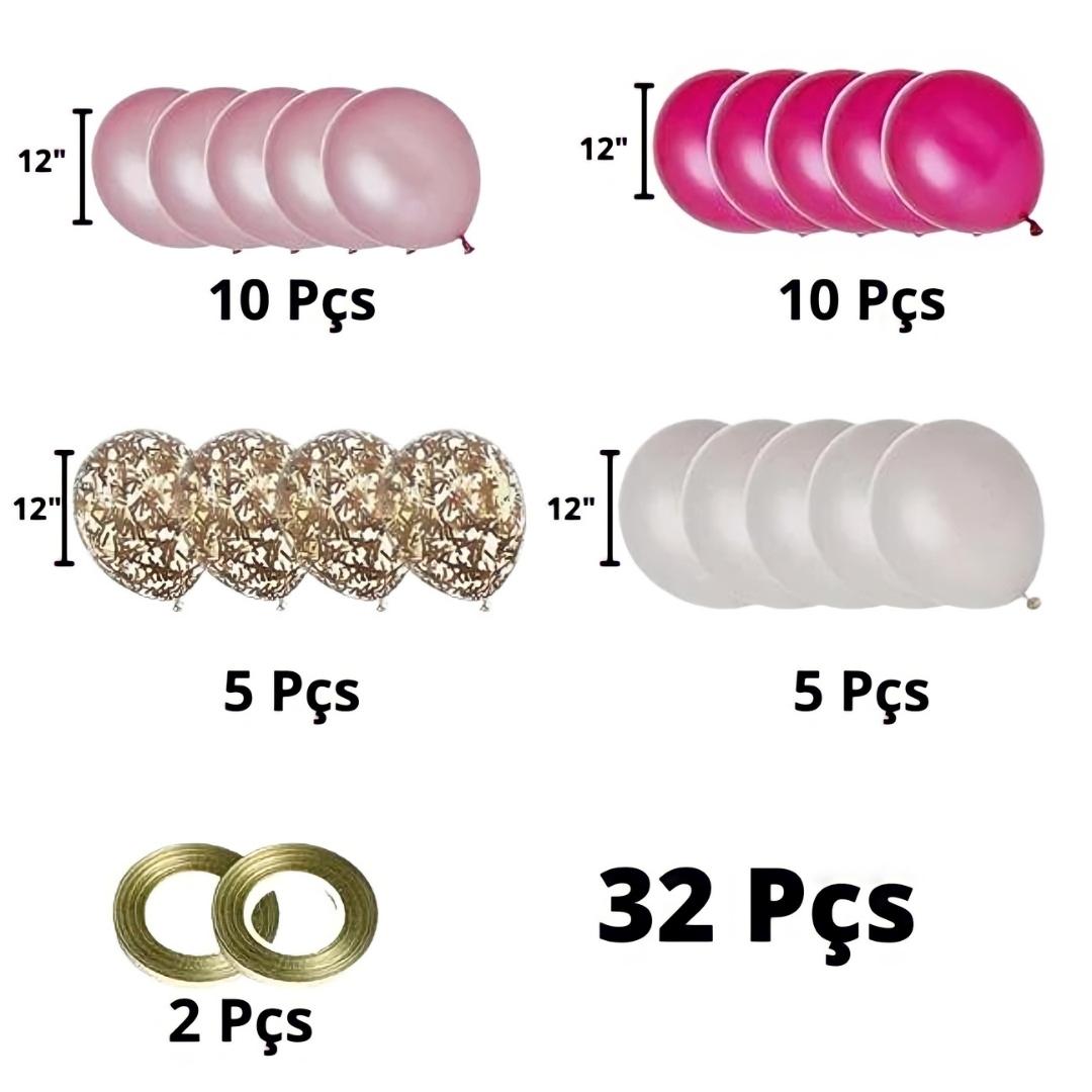 Balões Decorativos Mix Rosa Branco Transparente Confete 32pçs