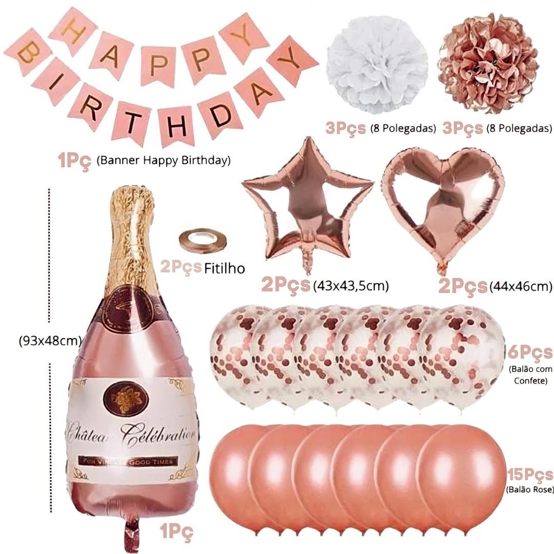 Kit Decoração de Festa Balões Champanhe Rosé Pompom Banner Aniversário