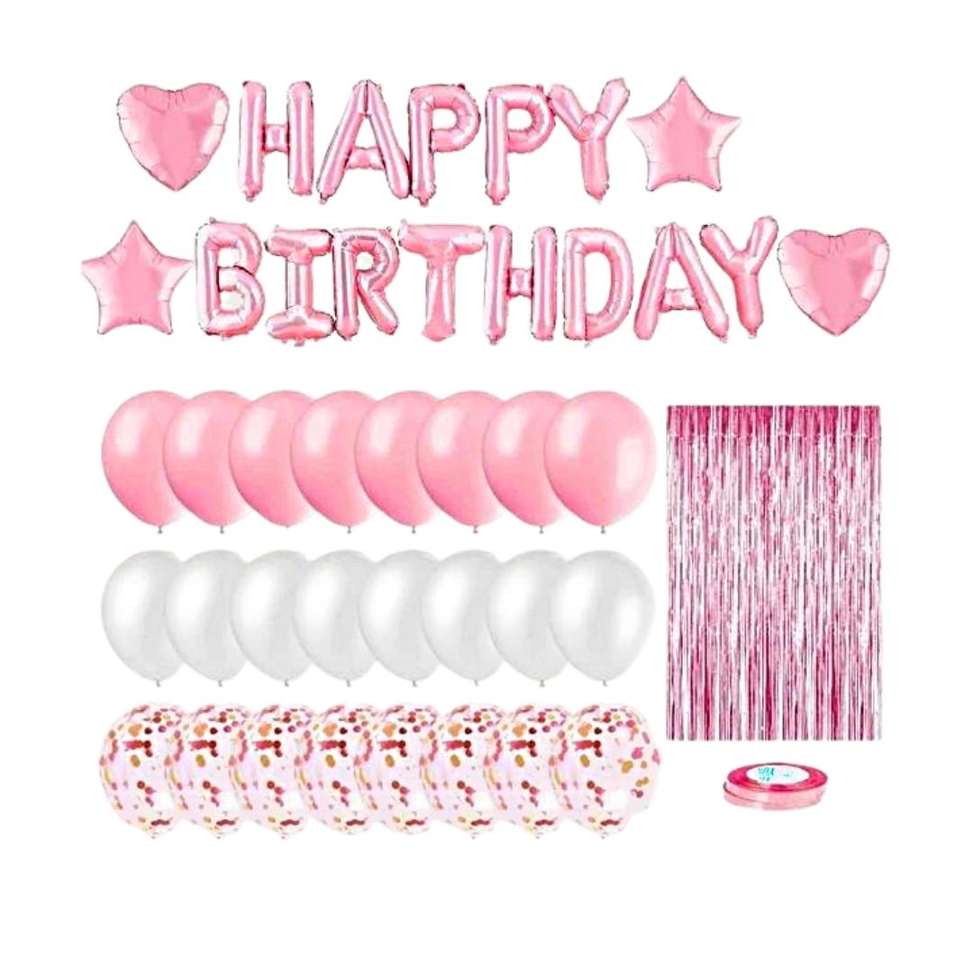Conjunto de Balões Decorativos + Cortina Metalizada Rosa Happy Birthday