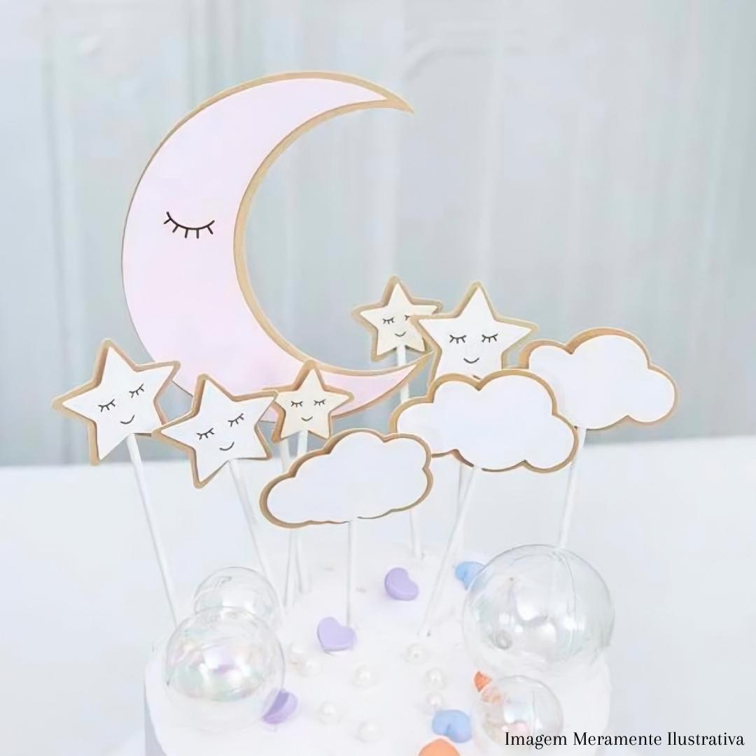 Topo de Bolo Céu Lua Nuvens e Estrelas Festa de Aniversário Mesversário