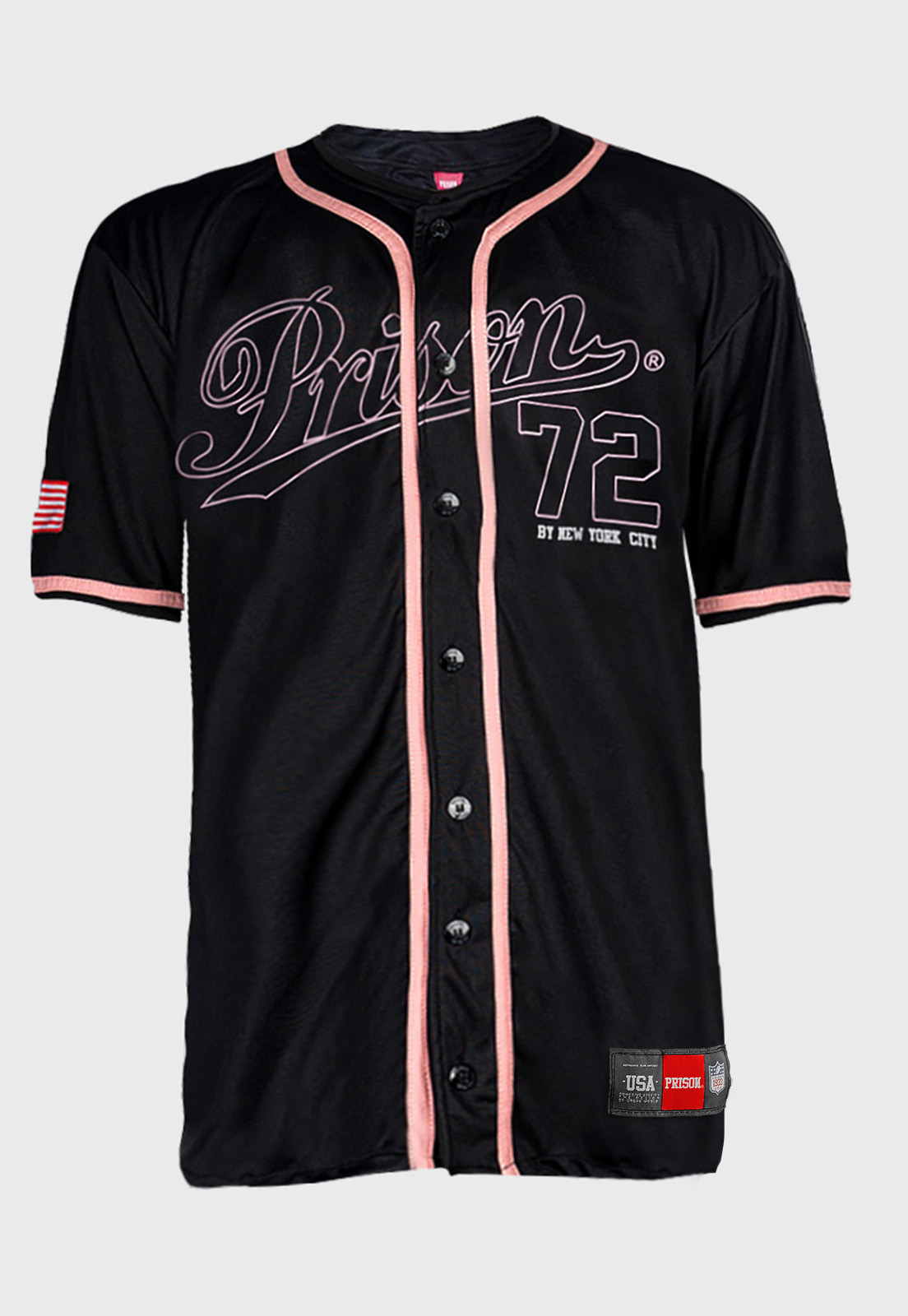 Camisa de Baseball Prison Preta e Logo Rosa