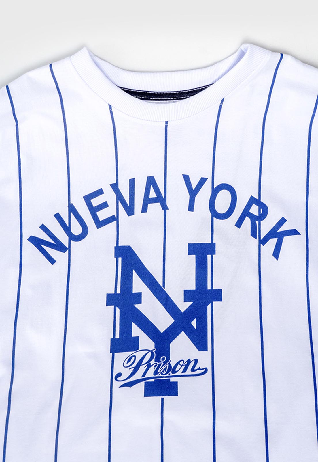 Camiseta Baseball listrada Prison Nueva York Branca