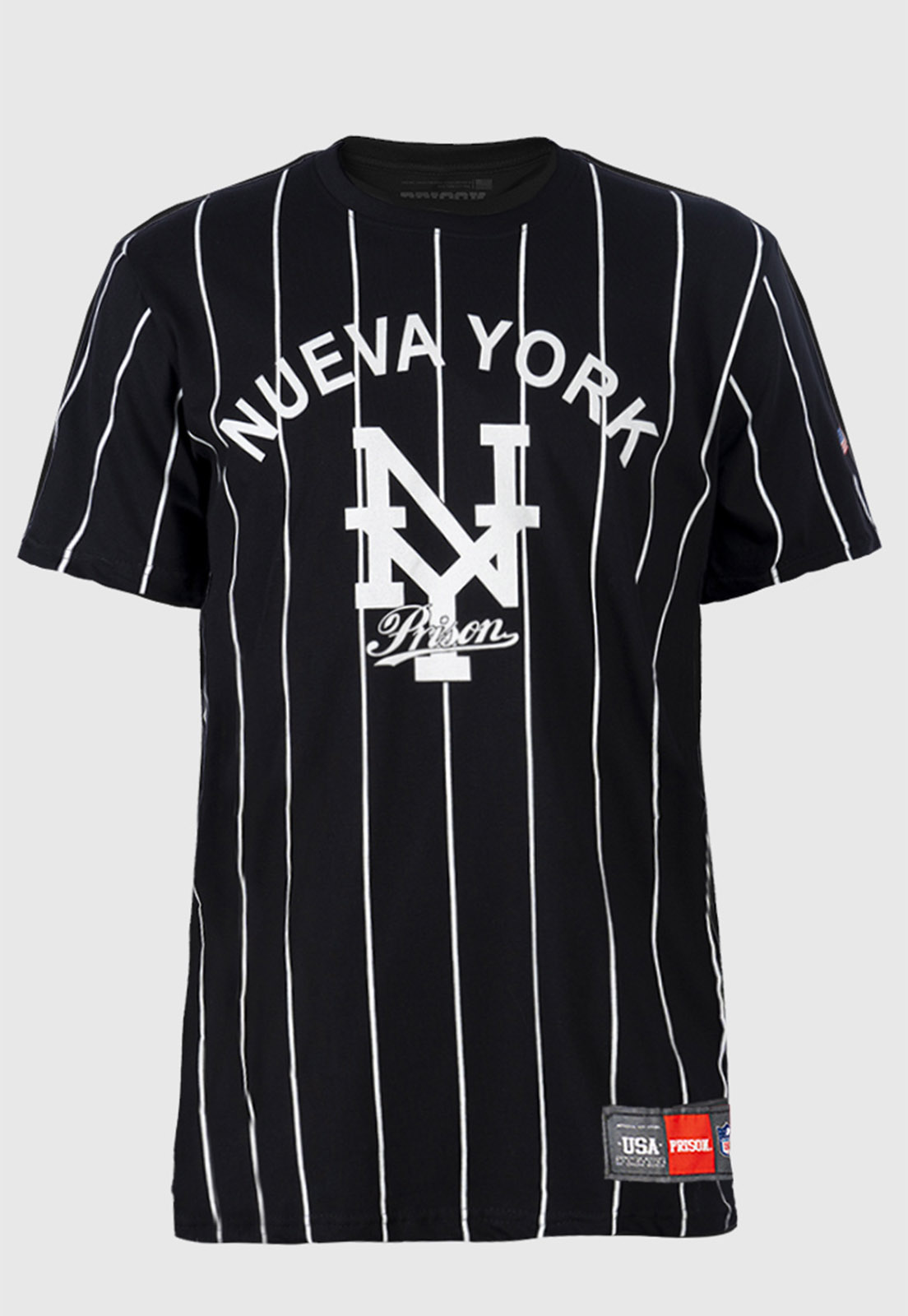 Camiseta Baseball listrada Prison Nueva York Preta
