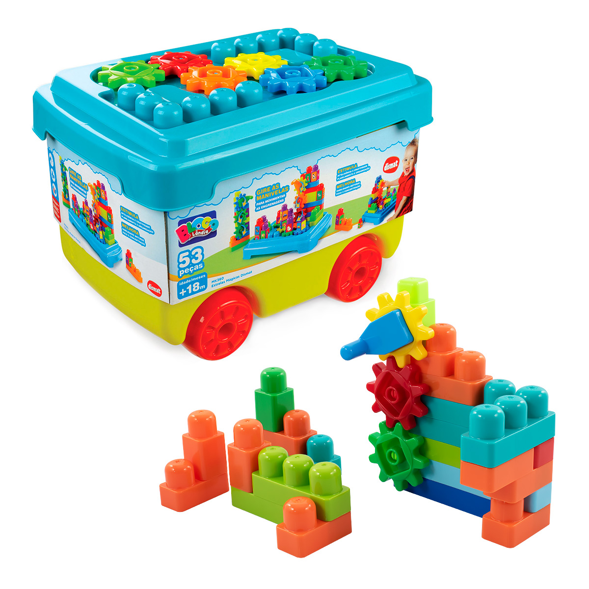 Caixa de Brinquedo com Blocos e Engrenagens de Montar 53 Peças - Dismat